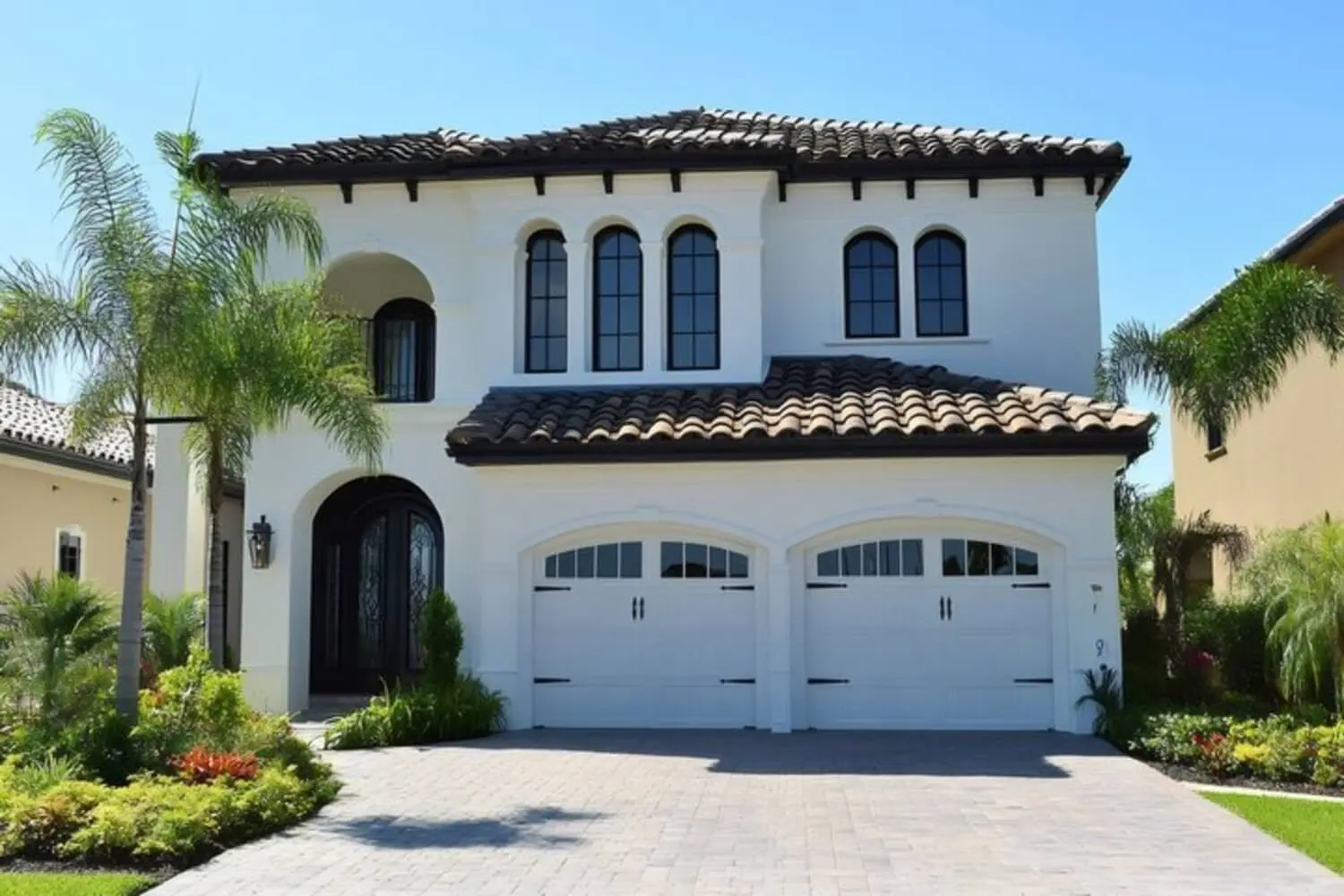 A freshly painted white stucco home exterior in Florida with Mediterranean architecture and palm trees on a sunny day.