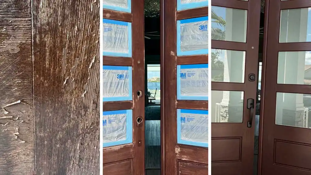 three stage comparison of wood front door refinishing prep work and finished dark stain restoration