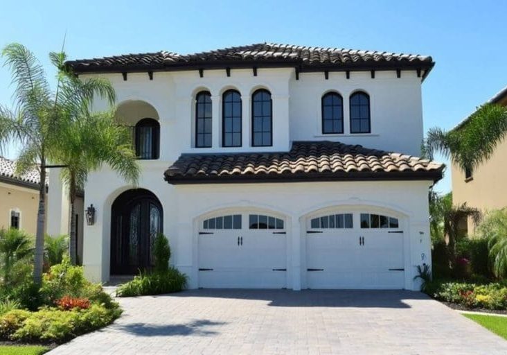 A freshly painted white stucco home exterior in Florida with Mediterranean architecture and palm trees on a sunny day.